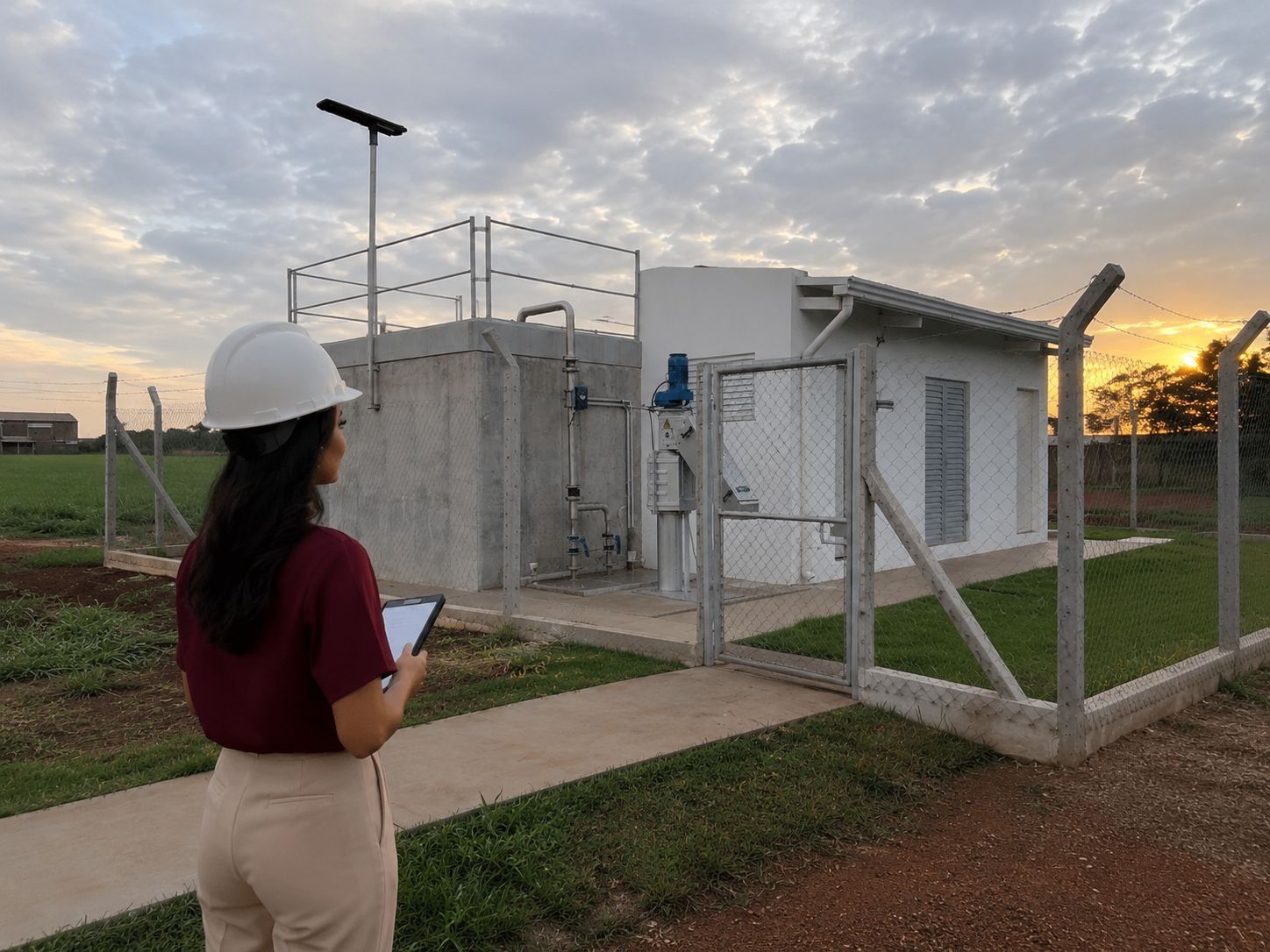 Inspección técnica de planta de tratamiento al atardecer