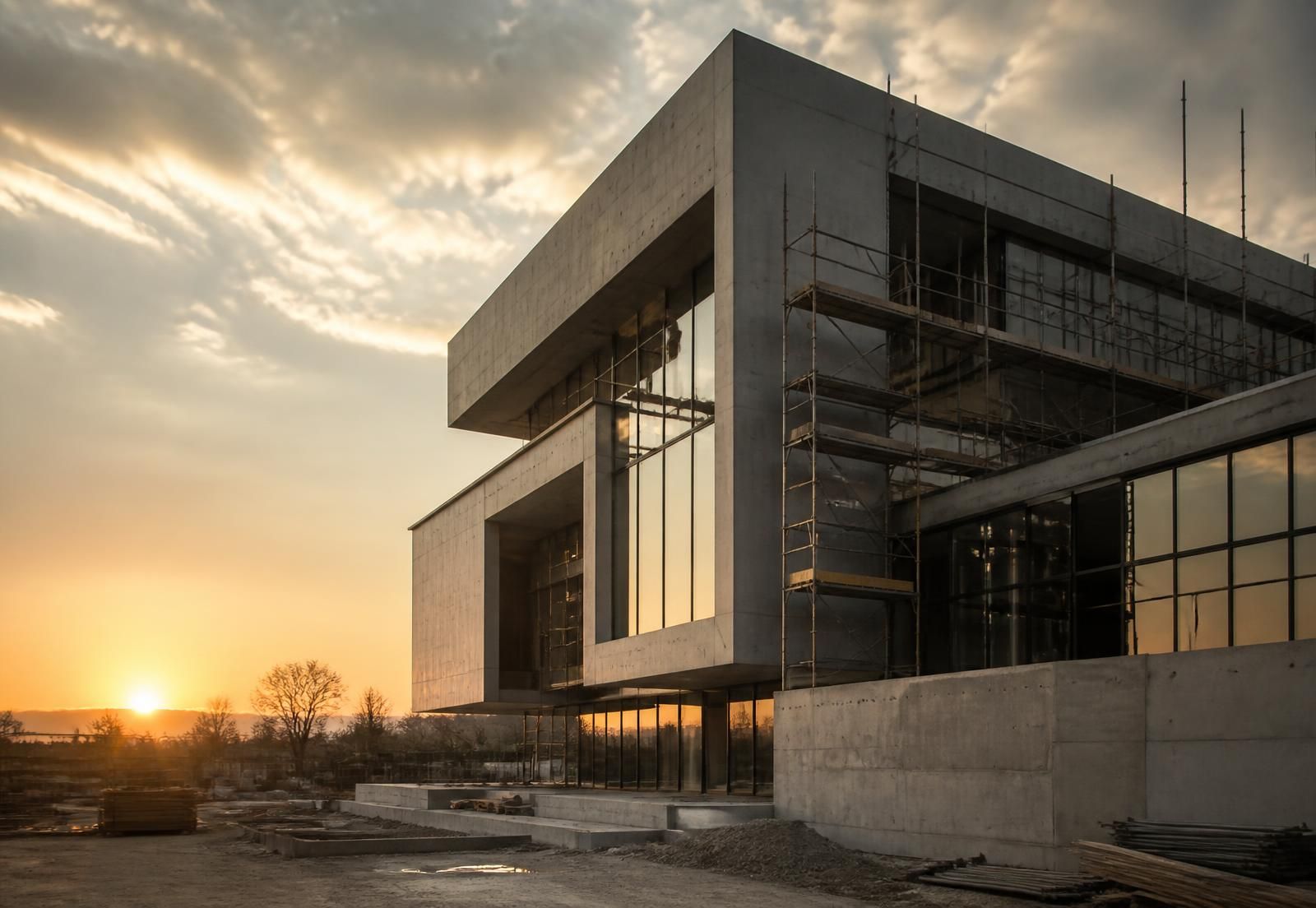 Obra en construcción al atardecer